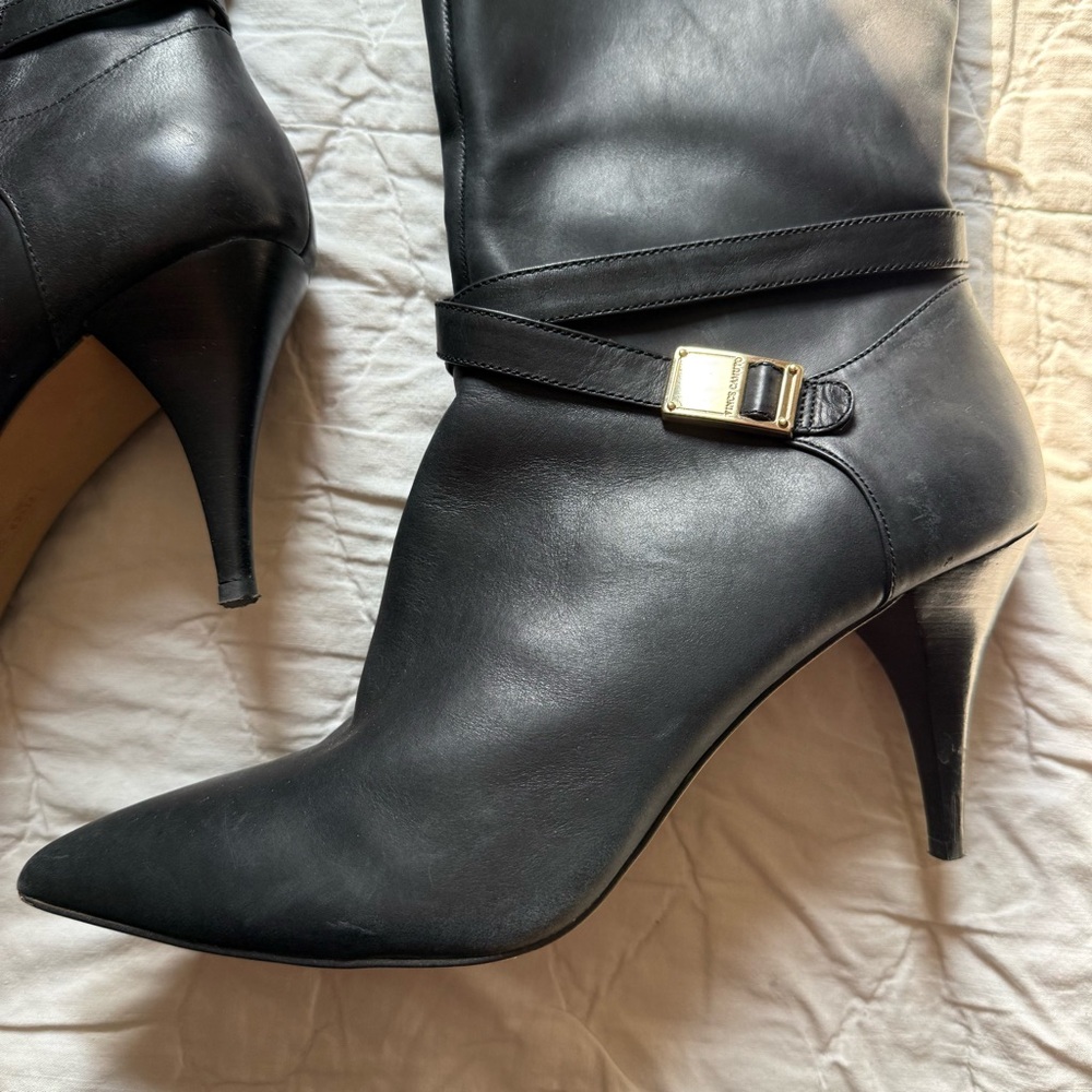 Vince Camuto Women’s Black Leather Strap Knee High Heel Boots - Picture 3 of 16